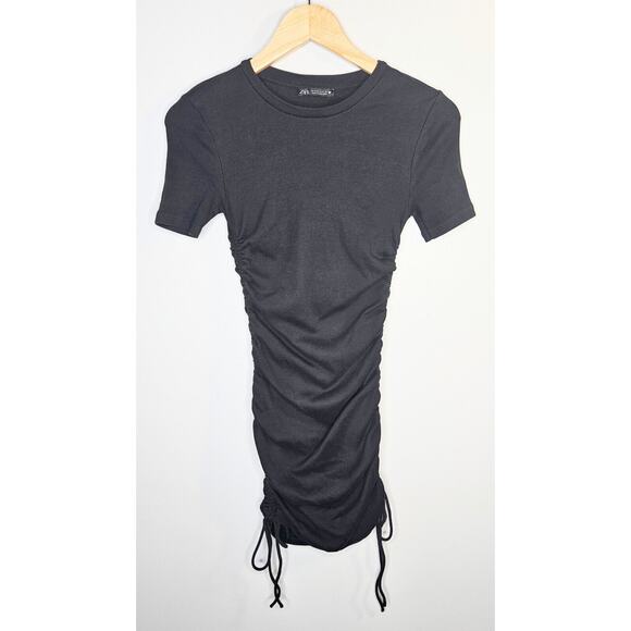 Zara Womens Dress Medium Black Ribbed Crew Neck Ruched Sides Knit Mini Short - Picture 3 of 11